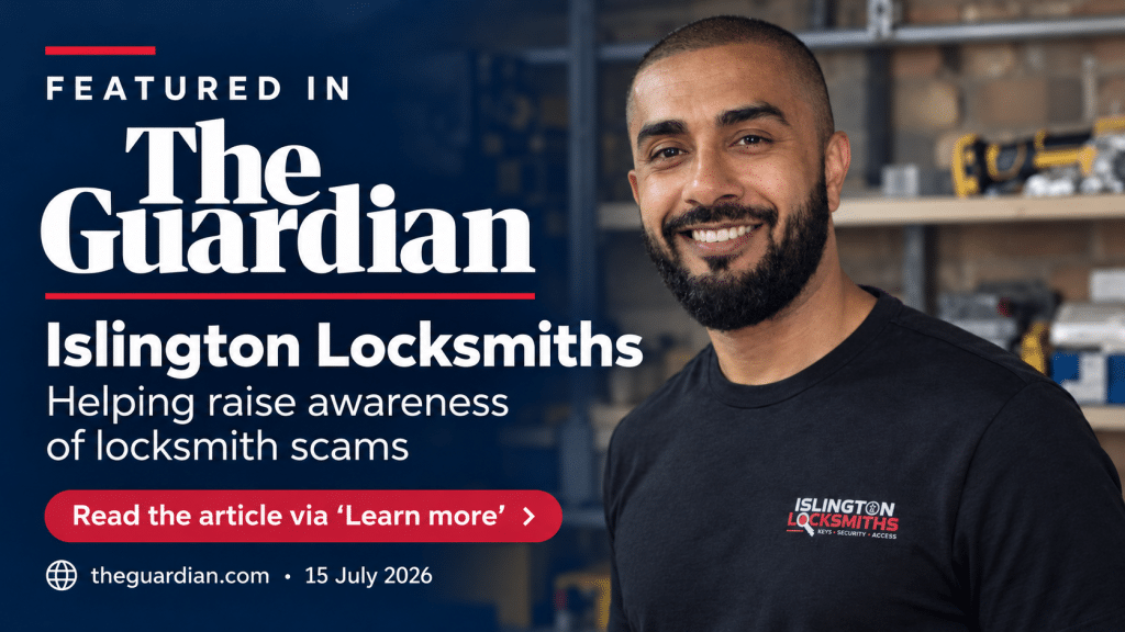 Kumas of Islington Locksmiths beside a “Featured in The Guardian” heading about locksmith scam awareness.