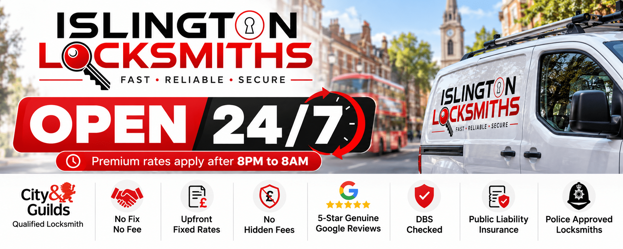Islington Locksmiths offering 24/7 emergency locksmith services in Islington N1, with upfront fixed rates and premium charges from 8PM to 8AM.